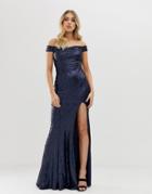 Club L All Over Sequin Bardot Thigh Split Maxi Dress-navy