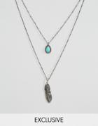 Designb London Feather & Stone Necklace In 2 Pack - Silver
