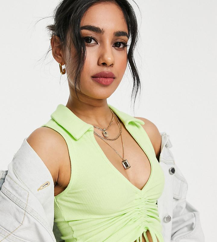 New Look Petite Ruched Front Collared Top In Green