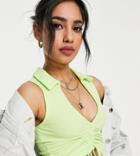 New Look Petite Ruched Front Collared Top In Green