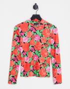 Pieces Long Sleeve Top In Red Floral Print-multi