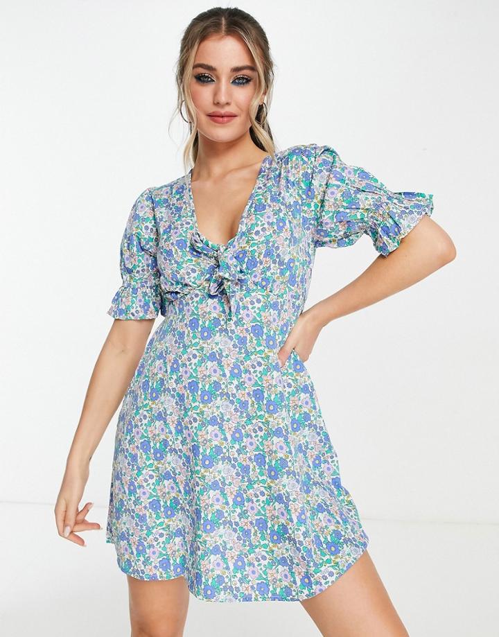Influence Mini Tea Dress In Blue Floral Print-multi
