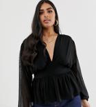 Asos Design Curve Long Sleeve Top With Balloon Mesh Sleeve-black
