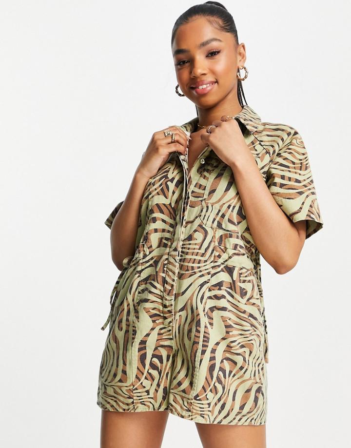 Asos Design Twill Side Channel Romper In Safari Animal Print-multi