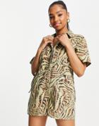 Asos Design Twill Side Channel Romper In Safari Animal Print-multi