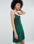 Bershka Leopard Cami Dress In Green - Green