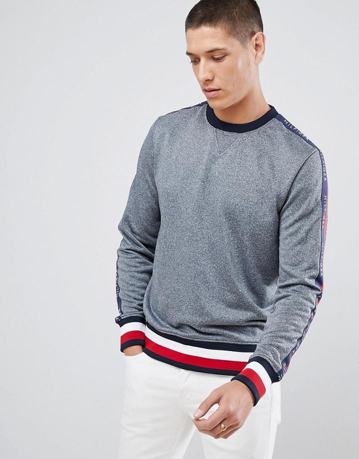 Tommy Hilfiger Sports Capsule Crewneck Icon Stripe Trim Sweatshirt With Sleeve Logo Taping In Gray Marl - Gray