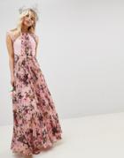 Asos Design Pleated Short Sleeved Maxi Dress In Pink Floral Print - Pink