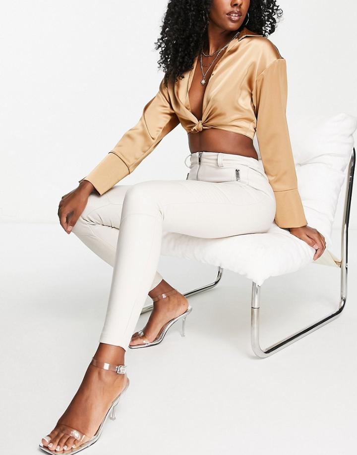 Topshop Faux Leather Skinny Fit Biker Pants In Off-white