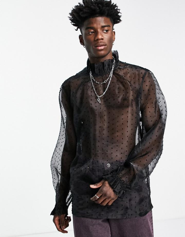 Asos Design Sheer Textured Mesh Shirt With Ruffle Neck And Sleeves-black