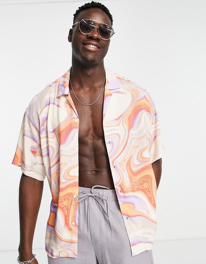 Bershka Relaxed Shirt In Orange Marble Print