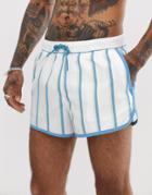 Asos Design Runner Swim Shorts In White With Blue And Yellow Stipe - White
