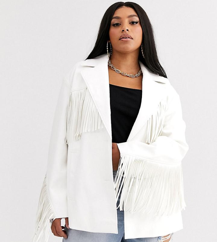 Asos Design Curve Fringe Leather Look Jacket-white