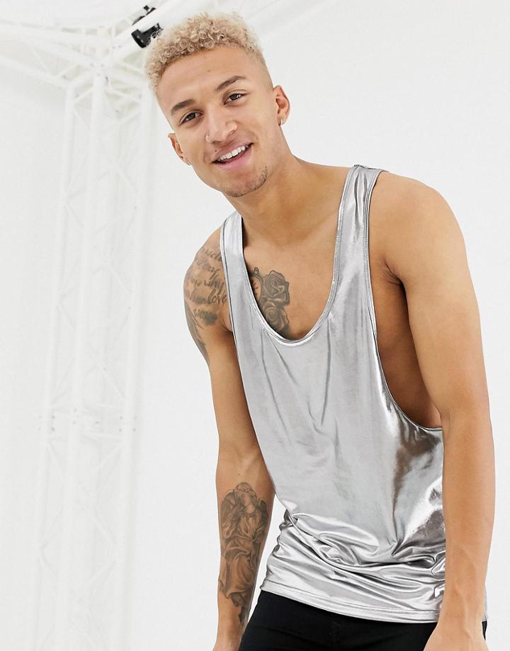 Asos Design Racer Back Tank In Drapey Metallic In Silver - Silver