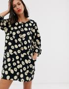 Asos Design Long Sleeved Button Front Romper In Mono Splodge Print