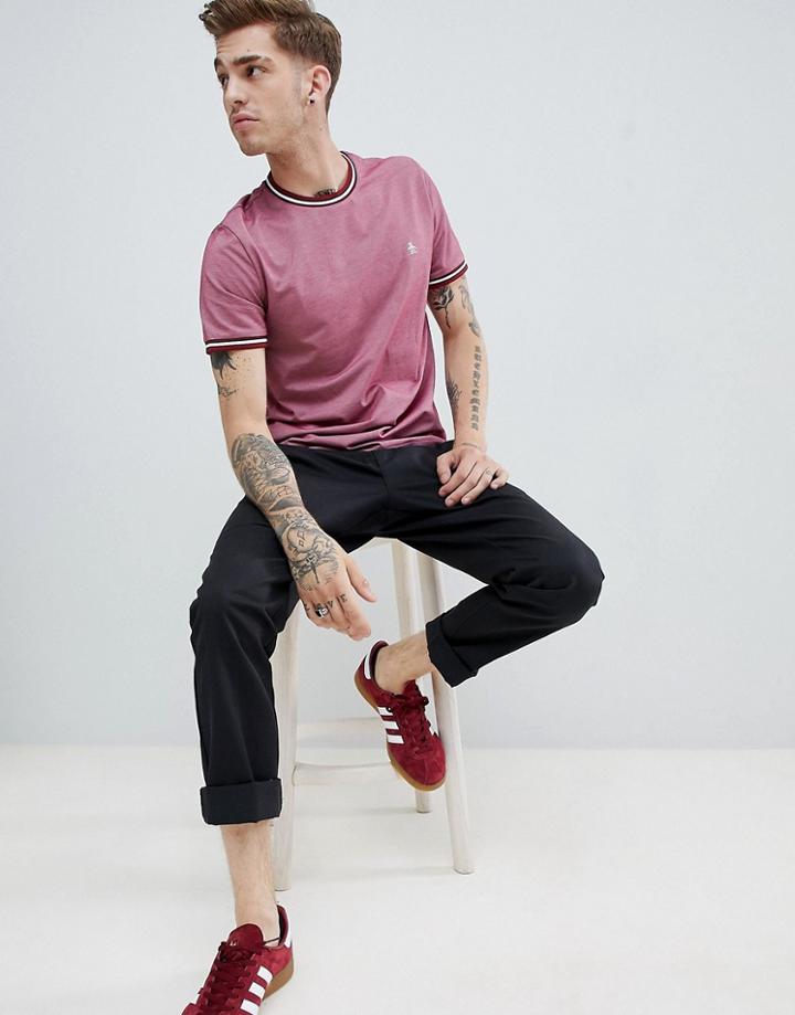 Original Penguin Mercerized Pique Tipped T-shirt Small Logo In Dark Red - Red