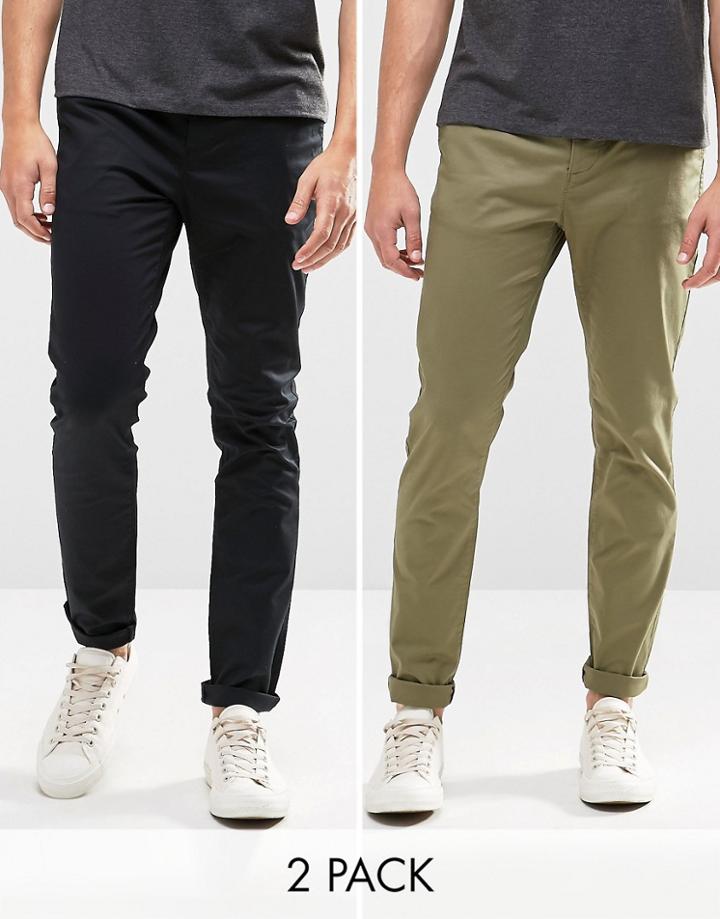Asos 2 Pack Skinny Chinos Save 15% In Black And Khaki