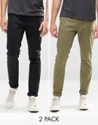Asos 2 Pack Skinny Chinos Save 15% In Black And Khaki