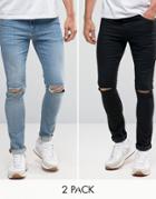 Asos Super Skinny Jeans 2 Pack In Black With Knee Rips & Mid Blue With