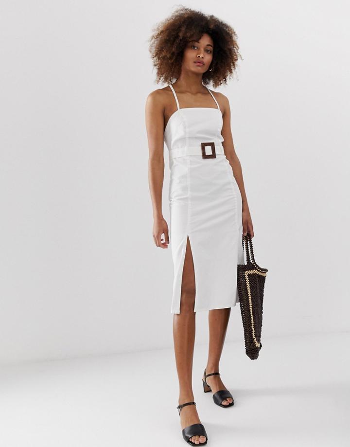 Neon Rose Denim Midaxi Dress With Tie Back And Belt-white