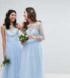 Chi Chi London Maternity Bardot Neck Midi Dress With Premium Lace And Tulle Skirt - Blue