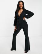 Asos Design Glam Plunge Tie Front Jumpsuit In Black