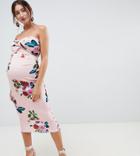 Asos Design Maternity Floral Twist Front Scuba Bodycon Midi Dress-multi