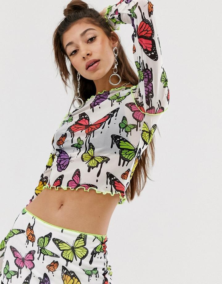 Jaded London Mesh Crop Top In Gothic Butterfly With Contrast Edgying Two-piece - White