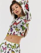 Jaded London Mesh Crop Top In Gothic Butterfly With Contrast Edgying Two-piece - White