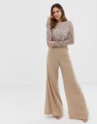 Maya Cape Detail Jumpsuit With Tonal Delicate Sequin Top In Taupe Blush - Brown
