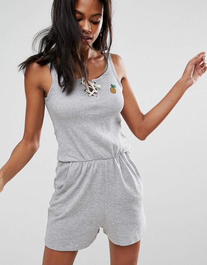 Brave Soul Jenna Romper With Pineapple Badge Embroidery - Gray
