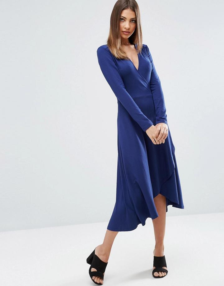Asos Midi Wrap Tea Dress With Long Sleeves - Navy