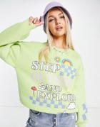 Daisy Street Relaxed Sweatshirt With Mix Retro Graphics In Lime-green