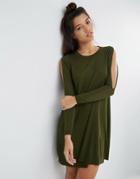 Asos Dress In Knit With Cold Shoulder Detail - Green