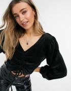 Pieces Ana Ruched Front Velvet Top In Black