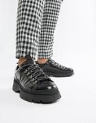 Asos Design Lace Up Shoes In Black Leather With Chunky Sole - Black