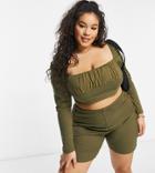 Naanaa Plus Set Ruched Long Sleeve Crop Top In Khaki-green