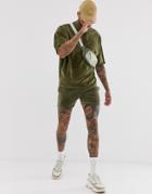 Asos Design Two-piece Oversized Heavyweight Velour T-shirt With Half Sleeve In Knaki - Green