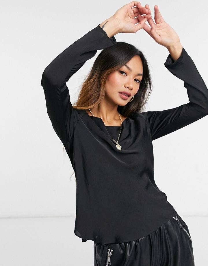 Asos Design Long Sleeve Bias Cut Satin Top With Cowl Neck In Black