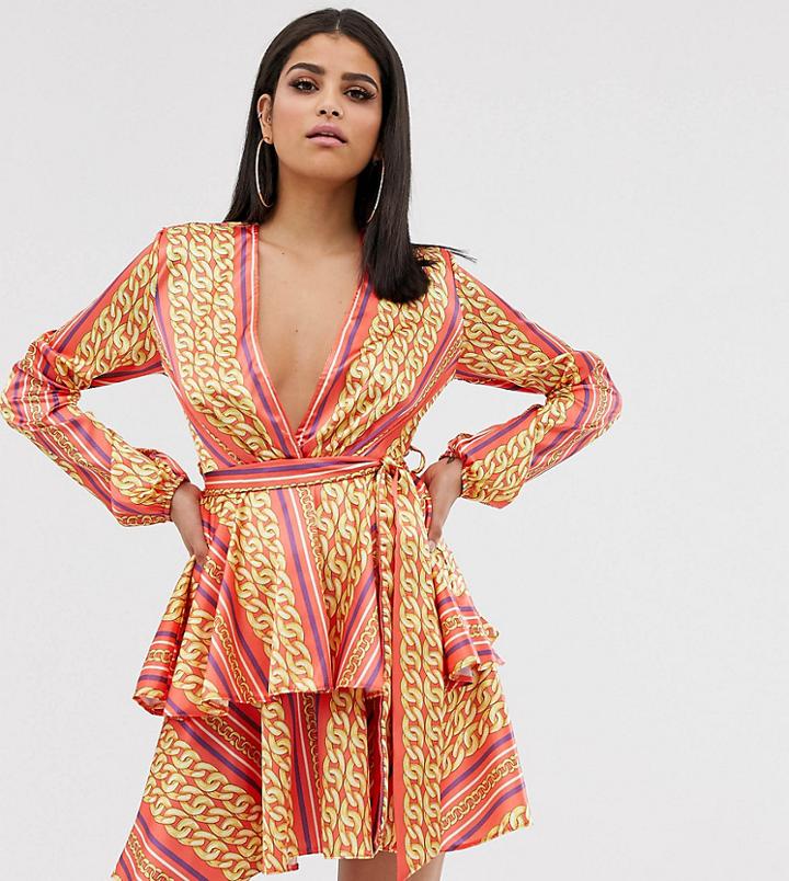 John Zack Tall Plunge Front Skater Dress In Orange Chain Print - Multi