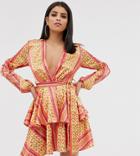 John Zack Tall Plunge Front Skater Dress In Orange Chain Print - Multi