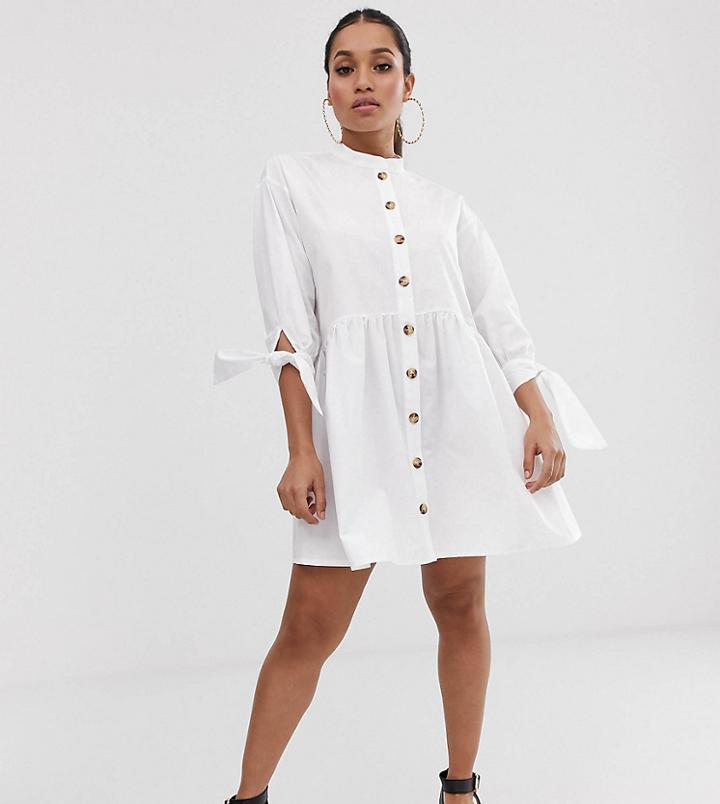 Asos Design Petite Grandad Collar Button Through Mini Smock Dress With Tie Sleeve - White