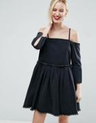 Asos Denim Off Shoulder Dress With Pleat Detail In Washed Black - Black