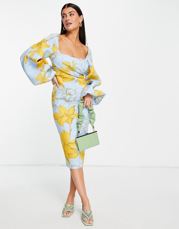 Asos Design Square Neck Wrap Bust Super Sleeve Pencil Midi Dress In Oversized Floral Print-multi