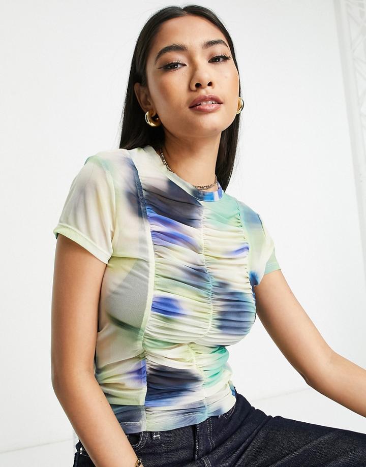 Topshop Short Sleeve Mesh Top In Blurred Floral Print-multi