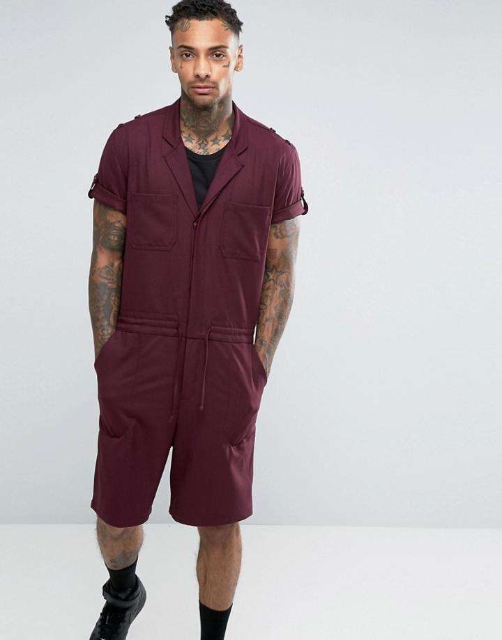 Asos Slim Short Boiler Suit With Military Styling In Burgundy - Green