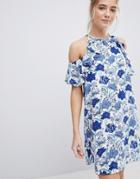 En Creme Floral Cold Shoulder Mini Dress With Ruffle - Blue