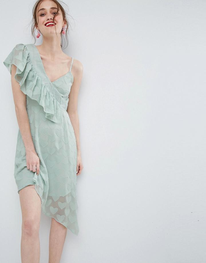 Asos Ruffle Tea Dress In Heart Dobby With Asymmetric Hem - Green
