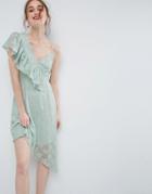 Asos Ruffle Tea Dress In Heart Dobby With Asymmetric Hem - Green