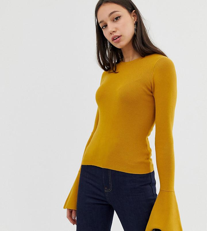 Asos Design Tall Skinny Crew Neck Sweater With Flared Sleeve-beige